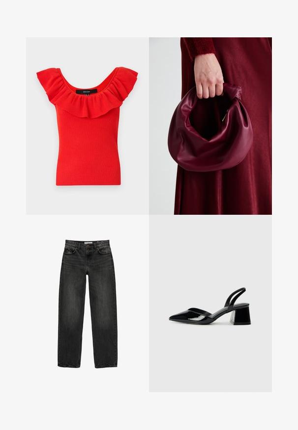 Top rosso a coste con scollatura ampia e volant. Il materiale ha una consistenza morbida e una silhouette aderente. Etichetta del marchio visibile all'interno.; Jeans in denim nero con una vestibilità rilassata, gamba dritta, design a cinque tasche e una texture leggermente sbiadita. Chiusura con bottone e zip nella parte anteriore.; Décolleté in vernice nera con punta affusolata e tacco in geometria cubica. Presentano un design elegante e minimalista, con una texture liscia.; Borsa in pelle bordeaux con un design morbido e arricciato e una forma arrotondata. Il manico è fissato, mostrando una texture liscia.