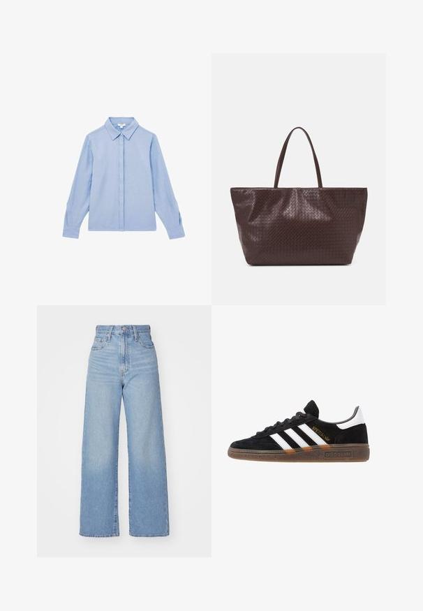 Helles blaues Langarmhemd mit knöpfbarem Front und Kragen. Hergestellt aus einem glatten Stoff, mit dezenten Nähten an den Manschetten.; Hellblaue High-Waist-Weite-Leg-Jeans mit Knopf- und Reißverschluss vorne, Vorder- und Rückentaschen, auf weißem Hintergrund.; Schwarzer Adidas Sneaker mit weißen Streifen, goldenem "Spezial"-Text, Gummisohle und weißem Fersenbereich, seitliche Ansicht.; Braune geflochtene Leder-Totetasche mit zwei Griffen, einer strukturierten Form und einer strukturierten Oberfläche, die ein durchgängiges Rautenmuster aufweist.