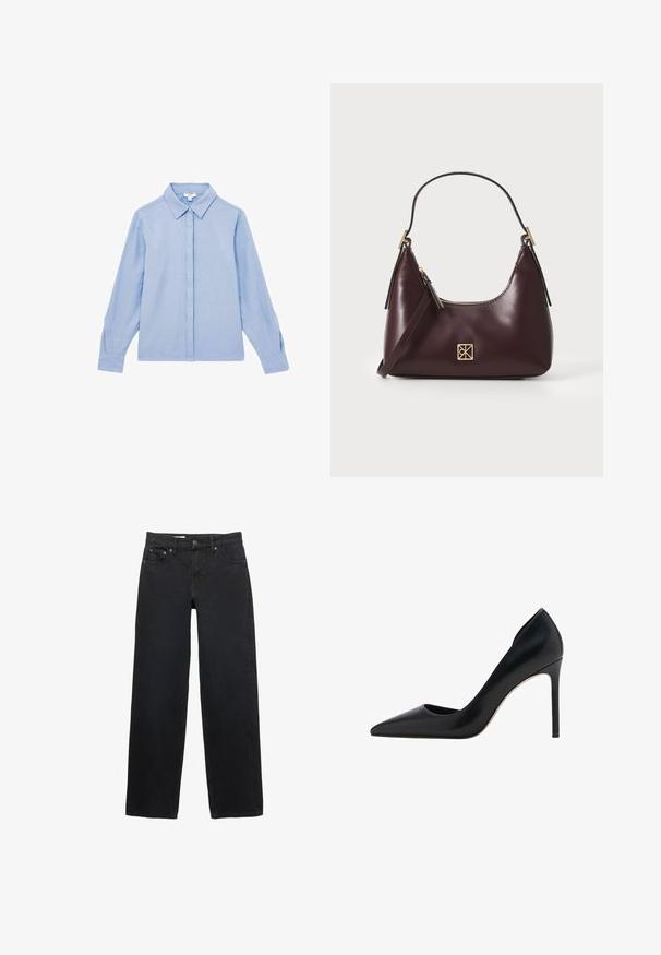 Light blue long-sleeve shirt with a button-down front and collar. Made from a smooth fabric, featuring subtle stitching on the cuffs.; Black wide-leg jeans made from denim, featuring five pockets, a button closure, subtle stitching, and a straight cut from waist to hem.; Mango High heels - black; Burgundy leather handbag with a curved shape, gold accents on the hardware, and a zippered closure. Features a detachable shoulder strap.