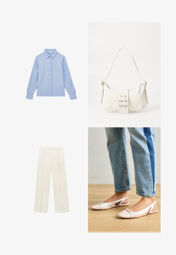 Svetlomodrá košeľa s dlhým rukávom a zapínaním na gombíky, s golierom. Vyrobená z hladkej tkaniny, s jemným prešívaním na manžetách.; Široké nohavice vo svetlej krémovej farbe. Vyrobené z hladkej látky s skladmi vpredu a bočnými vreckami.; Svetloružové slingback baleríny s jemne špicatou špičkou, vyrobené z hladkého materiálu pripomínajúceho kožu. Majú výrezové detaily na stranách a plochý opätok.; Biela taška cez rameno s textúrovaným povrchom, centrálnou prackou a zakriveným tvarom. Zipsy na oboch stranách.