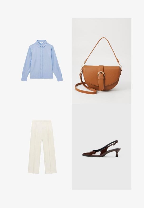 Svetlomodrá košeľa s dlhým rukávom a zapínaním na gombíky, s golierom. Vyrobená z hladkej tkaniny, s jemným prešívaním na manžetách.; Široké nohavice vo svetlej krémovej farbe. Vyrobené z hladkej látky s skladmi vpredu a bočnými vreckami.; Hnedá lakovaná slingback obuv s špicatou špičkou a mierne vysokým opätkom. Obsahuje pracku pre bezpečné upevnenie. Hladká textúra.; Hnedá kožená kabelka cez telo s zakriveným tvarom, zlatými kovovými doplnkami a akcentom s prackou. Obsahuje odnímateľný ramenný popruh.