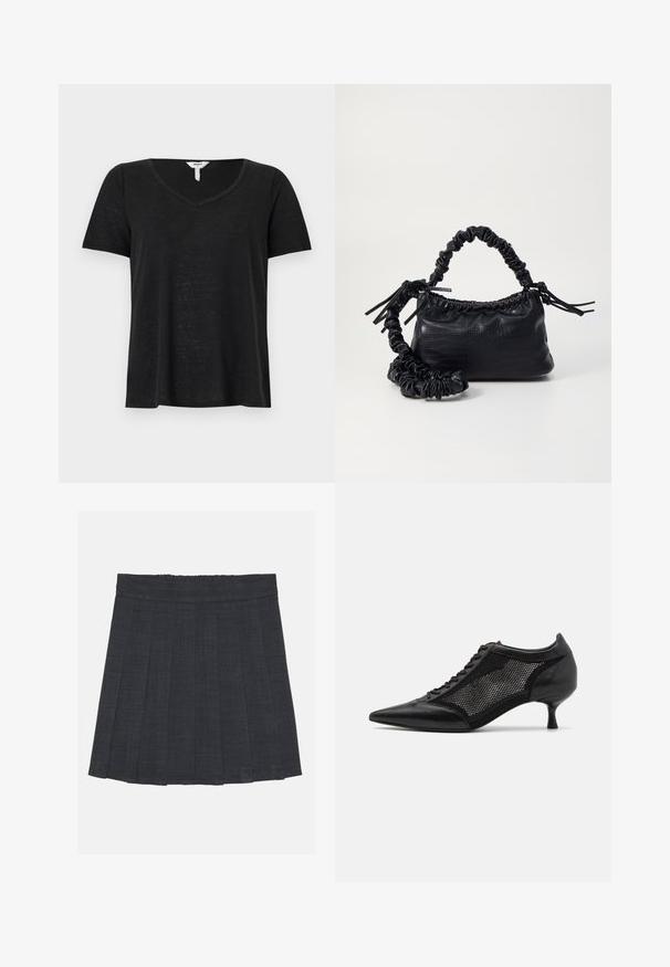 T-shirt preto de manga curta com decote em V. Feito de um tecido leve, apresenta um ajuste ligeiramente relaxado e sem padrões ou acentos visíveis.; Saia pregueada cinza escuro com cintura elástica, apresentando um tecido texturizado e uma silhueta clássica em A. Adequada para uso casual.; Shoe preto de bico fino com um design de painel em malha, apresentando um salto baixo e amarração na parte da frente. Feito de uma combinação de couro e material de malha.; Bolsa de mão em couro sintético preto com textura de crocodilo, topo franzido e alça enrugada. Apresenta um design suave e compacto.