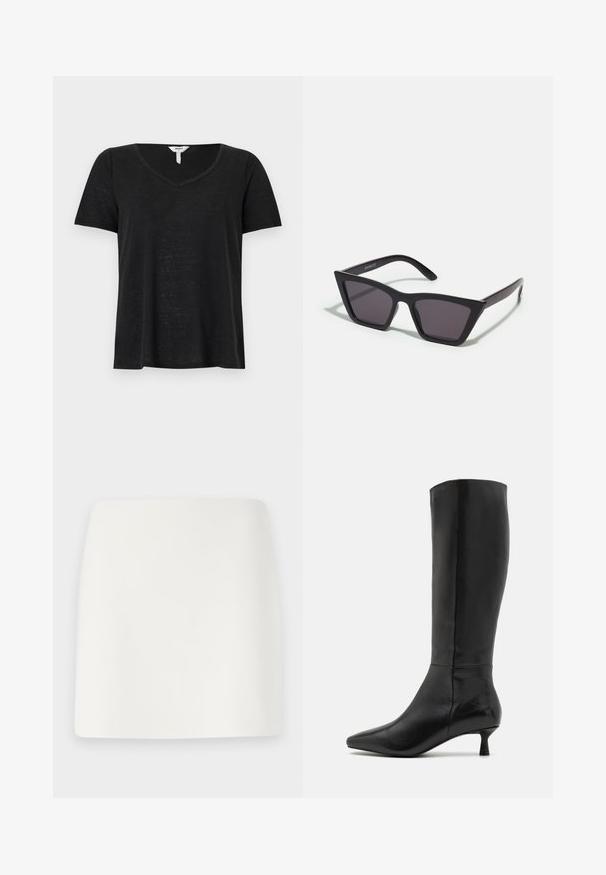 Must musta lühikeste varrukatega T-särk V-kaelusega. Valmistatud kergest kangast, millel on mõõdukas lõige ja nähtavad mustrid või aktsendid puuduvad.; Valge, sobitatud mini seelik sileda tekstuuri ja puhtamate joontega. Ilma nähtavate mustrite või riistvarata. Sirge äär alumises servas.; Zign Saapad - black; Mustad mustrakellad, millel on hallid šabloonid; valmistatud plastist, paksude ja siledate kätega, ilma nähtava riistvarata.