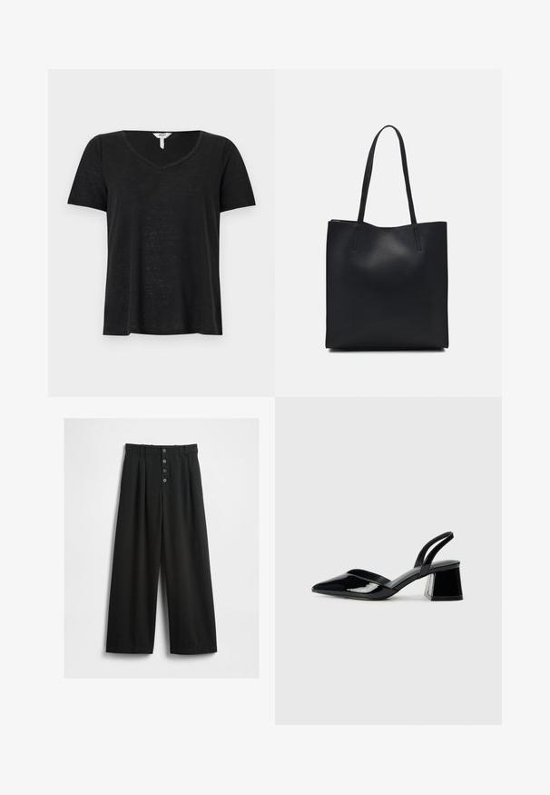 Juodas trumpas rankovės marškinėliai su V formos iškirpte. Pagaminta iš lengvos medžiagos, su šiek tiek laisvu siluetu ir be matomų raštų ar akcentų.; Plačios juodos kelnės, pagamintos iš tekstūruoto audinio. Su aukštu liemeniu, penkių mygtukų priekinis uždarymas ir paspaustos klostės, kad suteiktų papildomą detalę.; Juodos lakuotos odinės šlepetės su smailiu pirštu ir geometriniu bloko kulnu. Turi elegantišką, minimalistinį dizainą ir lygų paviršių.; Juodas odinis tote krepšys su lygia tekstūra, stačiakampio formos ir dviem ilgais rankenomis. Matomų metalinių detalių ar puošybos nėra.
