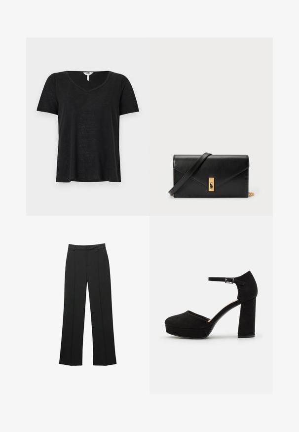 Črna majica s kratkimi rokavi in V-izrezom. Narejena je iz lahkotnega materiala, ima rahlo sproščen kroj in nima vidnih vzorcev ali poudarkov.; Črne hlače z ravnimi hlačnicami iz gladkega blaga, z ravnim sprednjim delom, zankami za pas in brez vidnih žepov, s krojenim krojem.; Črne semiš platform škornje z debelim blokastim peto, zaobljenim nosom in gležnjico, ki jo drži kovinska zaponka. Gladka tekstura po celotni površini.; Črna usnjena denarnica s prepognjenim pokrovom, zlato okovje, ki vključuje poudarek z logotipom. Vključuje odstranjljivo naramnico za nošenje.