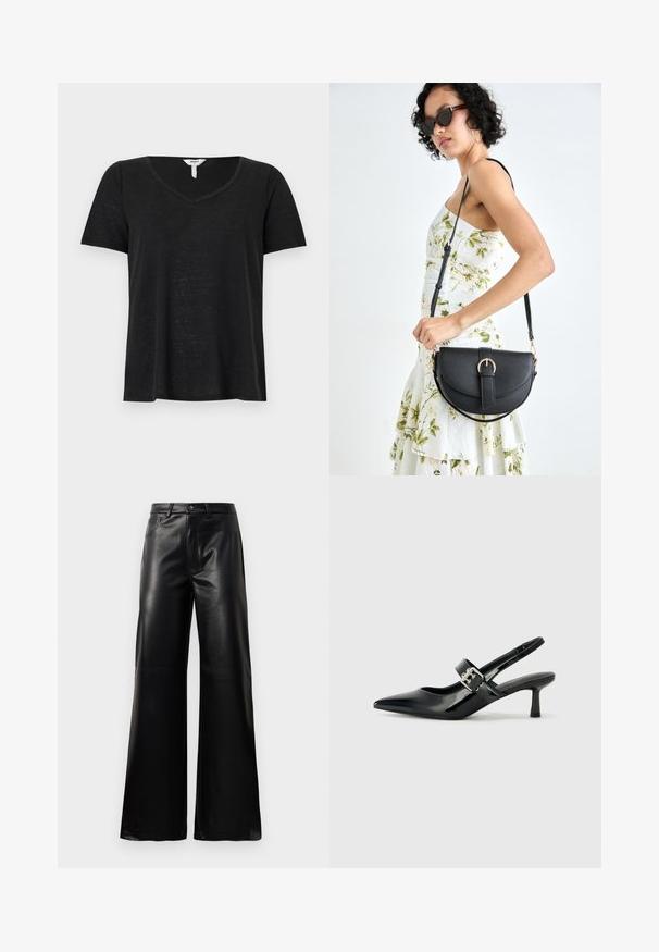 Crna majica s kratkim rukavima i V-izrezom. Napravljena od laganog materijala, s blagim opuštenim krojem i bez vidljivih uzoraka ili akcenata.; Crne visoke široke hlače od umjetne kože s prednjim gumbom, zatvaranjem na zip, petljama za pojas i bočnim džepovima na bijeloj pozadini.; Crne lakirane slingback potpetice s oštrim prstom i malom blok petom, s naglaskom na srebrnoj kopči na remenu.; Crna kožna torba s lukovitim oblikom, odvojivim remenom i zlatnim detaljima. Torba ima preklop s kopčom.