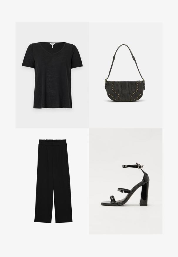 Melnas īsām piedurknēm T-krekls ar V-veida kakla dizainu. Izgatavots no viegla auduma, ar nedaudz brīvu piegriezumu un bez redzamām rakstām vai akcentiem.; Melnas platās bikses ar volangām jostasvietā, ar divām sānu kabatām un gludu, vieglu audumu. Nav redzamu rakstu vai aksesuāru.; Melnas lakotas augstpapēžu čības ar kvadrāta purngalu, potīšu siksniņām un sudraba sprādzēm. Aprīkotas ar masīvu bloku papēdi stabilitātei.; Melna zamša soma ar izliekumu, ar kniedēm un teksturētu virsmu. Regulējams siksna ar izšuvumiem gar maliņu.