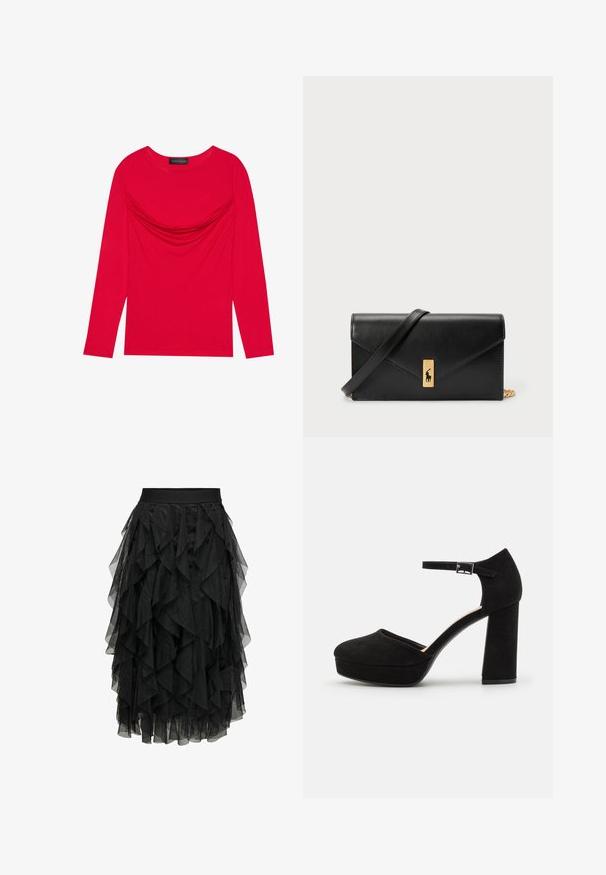 Langermet topp i livlig rød bomull med rynkedetalj ved utrigningen og en klassisk rund krage, med en tettsittende silhuett.; Svart midi-skjørt laget av lagdelt tyl med rynkete design. Har elastisk midje. Gjennomsiktig stoff gir tekstur og bevegelse.; Sorte semskede plattformhæler med en tykk blokkheel, avrundet tå og ankelreim som er festet med en metallspenne. Jevn tekstur gjennom hele.; Svart lærwallet med et foldbart klaff, gullhardware, med en logo aksent. Inkluderer en avtakbar stropp for bæring.