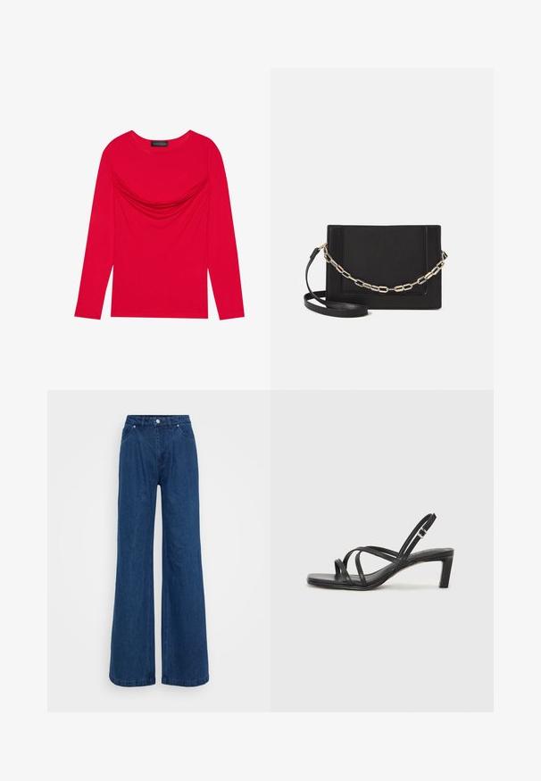 Long-sleeve top in vibrant red cotton with gathered detail at the neckline and a classic rounded collar, featuring fitted silhouette.; Wide-leg blue denim jeans with a high waist, front button and zipper closure, and front and back pockets against a plain background.; Black strappy sandal with a square toe and a low block heel. Features multiple thin straps and an adjustable ankle strap. Made of smooth leather.; Black leather crossbody bag featuring a smooth texture, rectangular shape, and a metallic chain detail on the front. Adjustable strap included.