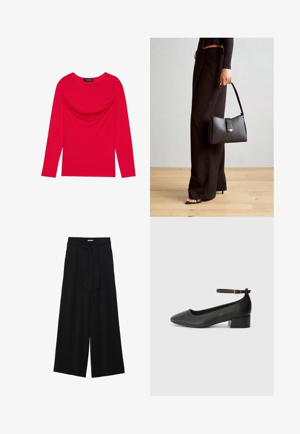 Langarmtop in levendig rode katoen met een geplooid detail bij de halslijn en een klassieke ronde kraag, met een getailleerde pasvorm.; Zwarte wijde broek van textuurstof, met een elastische tailleband en een afneembare sjaalstrik in de taille voor een verstelbare pasvorm.; Zwarte leren pump met een spitse neus en een lage blokhak. Beschikt over een enkelband met een goudkleurige gespsluiting. Gladde textuur.; Zwarte handtas met gestructureerde vorm, gladde textuur en een metalen sluiting. Gecombineerd met brede zwarte broeken en sandalen met open teen op een houten vloer.