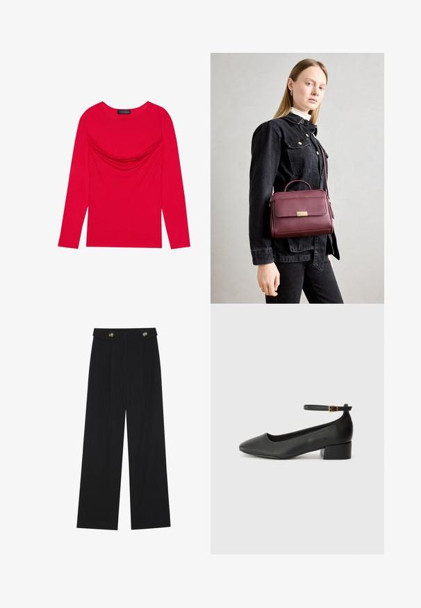 Langärmeliges Oberteil aus leuchtend roter Baumwolle mit raffiniertem Detail am Ausschnitt und klassischem Rundkragen, mit figurbetonter Silhouette.; Schwarze weite Hosen mit hoher Taille, Knopfdetails am Bund und vorderen Falten.; Schwarze Lederpumps mit spitzem Zehenbereich und niedrigem Blockabsatz. Mit einem Knöchelriemen und einer goldfarbenen Schnalle. Glatte Textur.; Burgunderfarbene Lederhandtasche mit goldener Schnalle, strukturierte Form, Obergriff und verstellbarer Schulterriemen. Modell trägt eine Jeansjacke.