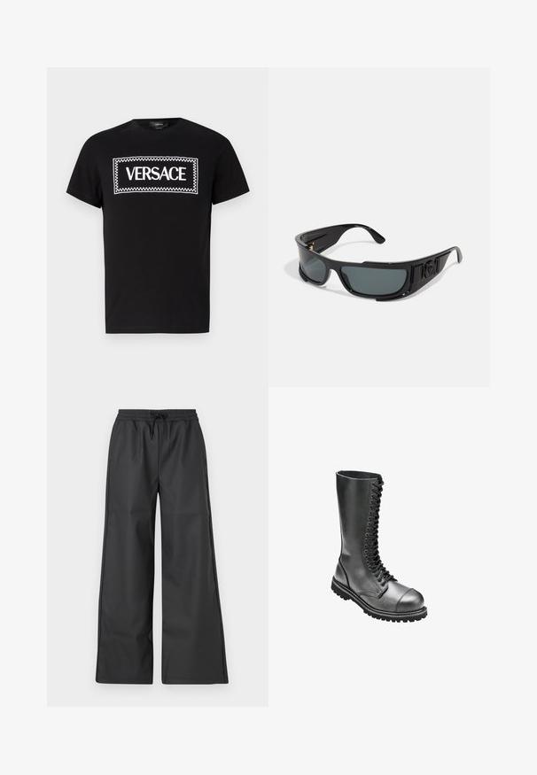 Melna kokvilnas T-kreklu ar baltu taisnstūrveida "VERSACE" logo un šaha galda apmalēm. Īsas piedurknes un apaļa kakla dizains.; Han Kjøbenhavn RELAXED TRACK TROUSERS - Auduma bikses - black; Melnas ādas kurpes ar auklēm, militāra stila, ar augstu apakšējo daļu, apaļu purngali, mīkstinātu apkaklīti un teksturētu gumijas zoli, kas nodrošina labāku saķeri.; Saulesbrilles ar melnu plastmasas rāmi, pelēkiem stikliem, apņemošu dizainu, sānu akcentiem un logo detaļu uz kājītes.