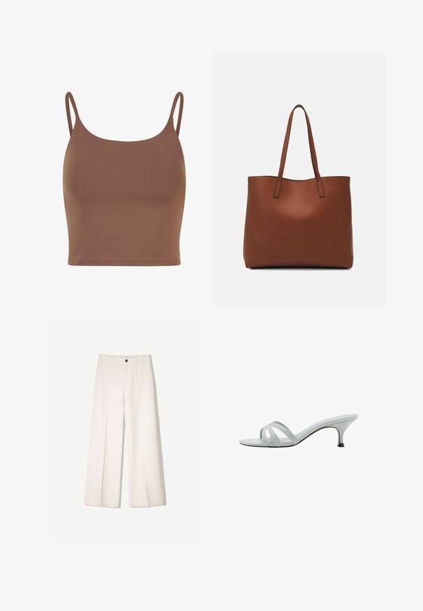 Ruskopannus, joka on valmistettu sileästä kankaasta ja jossa on ohuet, säädettävät hihnat. Sitä koristaa pyöreä kaula-aukko ja tiukka siluetti.; Kerman leveletut housut räätälöidyllä designilla, joissa on kaksi etutaskua ja yksi etunapituksilla, valmistettu sileästä kankaasta.; Vaaleanharmaat korkokengät, joissa on kolme ristikkäistä hihnaa, hoikka profiili ja kapeat korot. Sujuva pinta, jossa on hieman kiiltävä viimeistely.; Ruskea nahkainen olkalaukku, jossa on sileä pinta, avoin yläosa ja kaksi olkahihnaa. Omaavat vain minimaalisen ompelun eikä näkyvää metalliosaa.