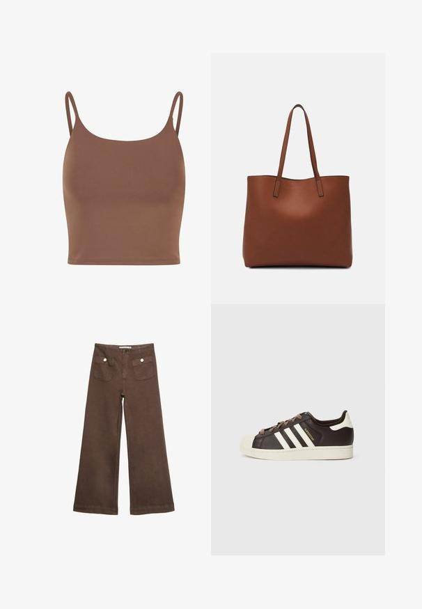 Smeđi crop top napravljen od glatkog materijala s tankim, podesivim trakama. Ima zaobljeni izrez i prilagođeni kroj.; Smeđe široke hlače od pamuka, s dva prednja džepa sa srebrnim dugmadima i glatkom teksturom.; Niska Adidas Superstar tenisica od tamnobraon kože s krem školjkastim vrhom, bijelim prugama i natpisom "Superstar" sa strane.; Smeđa kožna torba preko ramena s glatkom teksturom, otvorenim vrhom i dvjema naramenicama. Ima minimalne šavove i nema vidljivog hardvera.