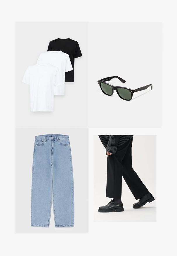 Three short-sleeve t-shirts: two white and one black. Made of cotton, featuring a round neck and a simple, classic design.; Light blue denim jeans with straight leg design, featuring a mid-rise waist, five pockets, and a button and zipper closure.; Black leather shoes with a rounded toe, lace-up design, and thick, textured sole. Worn with tailored black trousers and a ribbed sweater.; Black plastic sunglasses with green lenses, square frames, silver accent on the brow, and textured temple arms. Stated brand on inner arm.