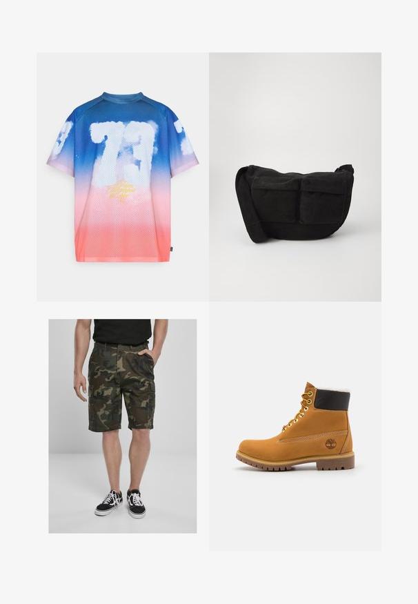 Síťová košile s krátkým rukávem s gradientem z modré do růžové, zdobená bílými grafikami připomínajícími oblaka a žlutým textem uprostřed.; Camo cargo šortky s cargo kapsami, vyrobené z tkané látky v zelených a hnědých odstínech. Vyzbrojené černými teniskami s bílými tkaničkami.; Hnědá kožená kotníková bota s kovovými očka, bílou kožešinovou podšívkou, černým polstrovaným límcem, robustní podrážkou a raženým logem na boku.; Černá kordurová crossbody taška s nastavitelným popruhem, která má přední kapsy a měkkou texturu. Kompaktní design s minimálním zdobením.
