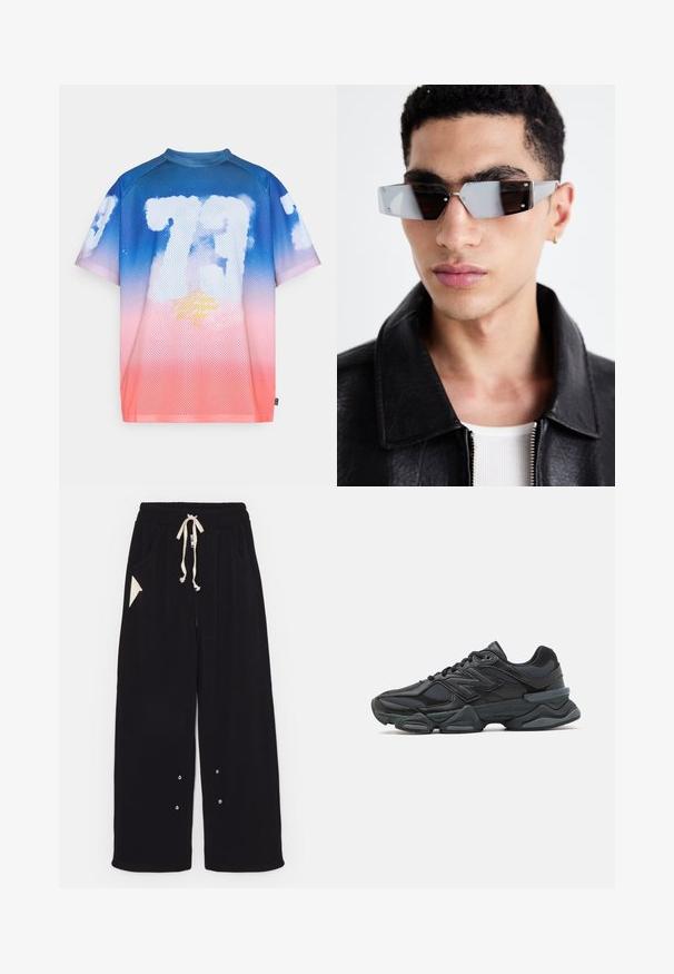 Võrgusilma lühikeste varrukatega särk, millel on sinisest roosaks ulatuv gradient, valged pilvelikud graafikud ja keskel kollane tekst.; Mustad laiad püksid pehmest kangast, millega kaasneb paelaga vöökoht, küljetaskud ja kolmnurkne aksenttasku. Hõbedased detailid on lisatud.; Mustad mustus jooksukeng, mis sisaldab segu võrgust ja sünteetilisest materjalist, jäme talla, kaarduv disain ja silmapaistev bränding külgedel.; Angular hallikatega tumedad prillid hõbedaste detailidega, heleda tausta ees. Prilliklaasid omavad ainulaadset geomeetrilist kuju.