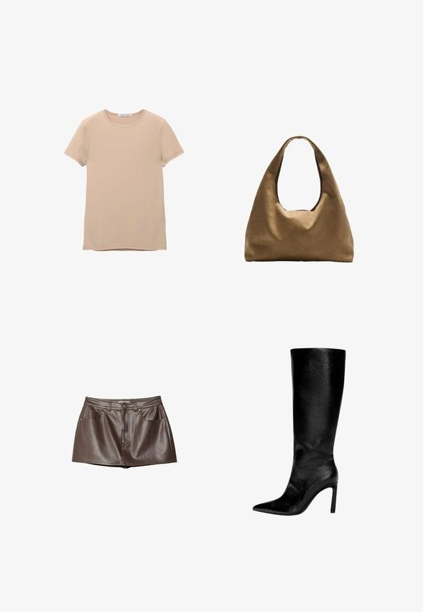 PULL&BEAR SHORT SLEEVE - T-shirt - bas - beige; Brun läderminikjol med en slät textur, bältesömmar, framfickor och en knappstängning i midjan.; Knähöga svarta läderstövel med spetsig tå, hög stilettklack, slät yta och en enkel, strömlinjeformad design utan utsmyckningar.; Brun tygaxelväska med en bred, rundad kropp och ett stort utskärningshandtag. Mjukt material, minimalistisk design och ingen synlig hårdvara.