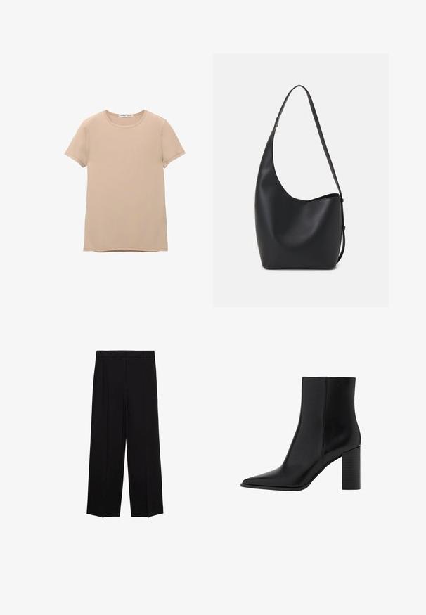 PULL&BEAR SHORT SLEEVE - Navadna majica - beige; Črne široke hlače iz gladkega materiala, z gubami spredaj in stranskimi žepi, zasnovane v ravnem, sproščenem kroju.; Črne usnjene gležnjarje z ostrim nosom, kvadratno peto, gladko teksturo in šivi ob šivih. Pete merijo približno 3,5 palca.; Črna usnjena hobo torba z gladko teksturo, ukrivljeno obliko in eno nastavljivo naramnico; ima širok odprtina na vrhu.; Rjave usnjene rokavice z gladko teksturo, ki imajo pet prstov, elastičen zapestje in dekorativno šivanje ob robu.