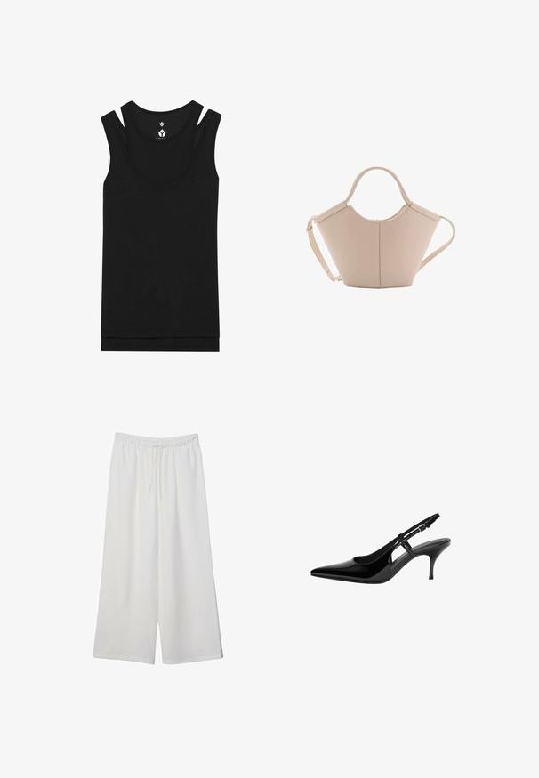 Černý top bez rukávů s kulatým výstřihem a dvojitým popruhem. Vyroben z žebrované tkaniny s hladkou strukturou, má rovný spodní lem.; Bílé kalhoty s širokými nohavicemi vyrobené z lehké tkaniny, s elastickým pasem a stahovací šňůrkou pro nastavitelnou velikost. Hladká textura.; Černé lakované kožené lodičky typu slingback s špičatou špičkou, otevřenými bočními výřezy, štíhlým podpatkem a nastavitelným páskem kolem kotníku.; Beige kožená kabelka s jedinečným tvarem, vybavená dvěma krátkými uchy a dlouhým nastavitelným popruhem. Hladká textura s minimem kovových doplňků.