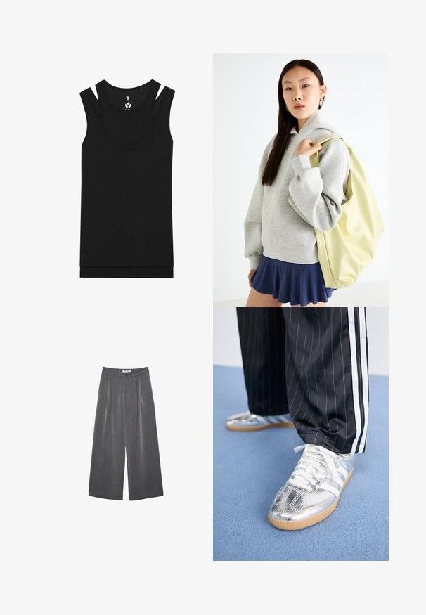 Top nero a canotta con scollo rotondo e design a doppia spallina. Realizzato in tessuto a coste con una superficie liscia, presenta un'orlo dritto.; Pantaloni ampi a pieghe in tessuto grigio scuro con una sottile texture. Presentano una chiusura con bottone e un design della vita classico.; Sneakers metallici argentati con lacci bianchi e tre strisce bianche, abbinati a pantaloni neri a righe sottili. Accent legato alla suola in gomma.; Felpa grigia oversize con tasca a marsupio, abbinata a una gonna svasata blu navy. Accessorio: grande zaino giallo chiaro, di texture liscia.