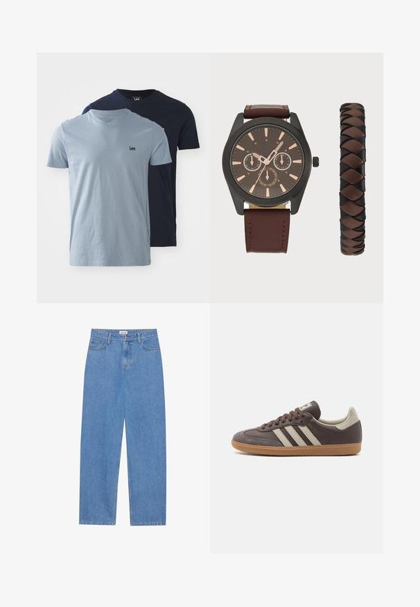 Twee katoenen T-shirts: één lichtblauw met een klein zwart 'Lee' logo, en één marineblauw, beide met een ronde hals en korte mouwen.; Lichtblauwe denim jeans met een rechte pasvorm, vijf-pocket ontwerp, enkele knoopsluiting en subtiele stikseldetails op de naden.; Bruine leren sneaker met drie lichtgekleurde strepen, rubberen gumzool, ronde neus en gestructureerde nubuck accenten op de hiel en neus.; Pier One SET - Horloge - black/brown