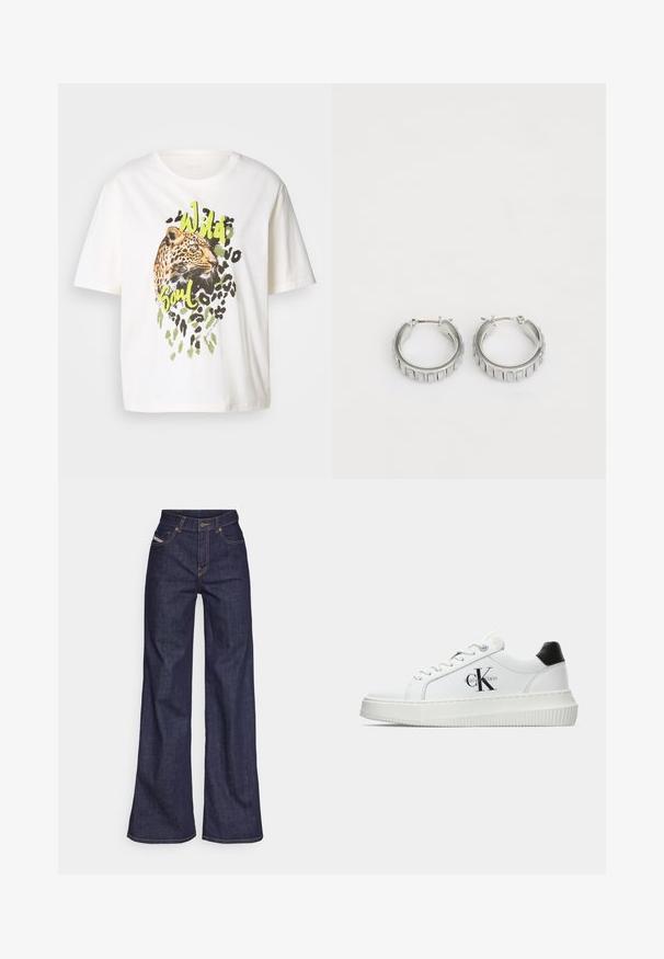 Weißes Baumwoll-T-Shirt mit einem Leopardenmotiv in grünen Akzenten und dem Schriftzug "Wild Soul". Kurze Ärmel, lockere Passform und glatte Textur.; Dunkelblaue weite Jeans aus Denimstoff mit hoher Taille, ausgestattet mit orangefarbenen Nähten, fünf Taschen und einem Knopfverschluss.; Weiße Low-Top-Sneaker mit schwarzem Fersenpatch, Plateau-Sohle, Schnürsenkeln und Calvin Klein "CK"-Logo an der Seite.; Silberne Creolen mit texturiertem Design und vertikalen Rillen. Kreisförmige Form mit sicherem Verschluss. Glatte Oberfläche.