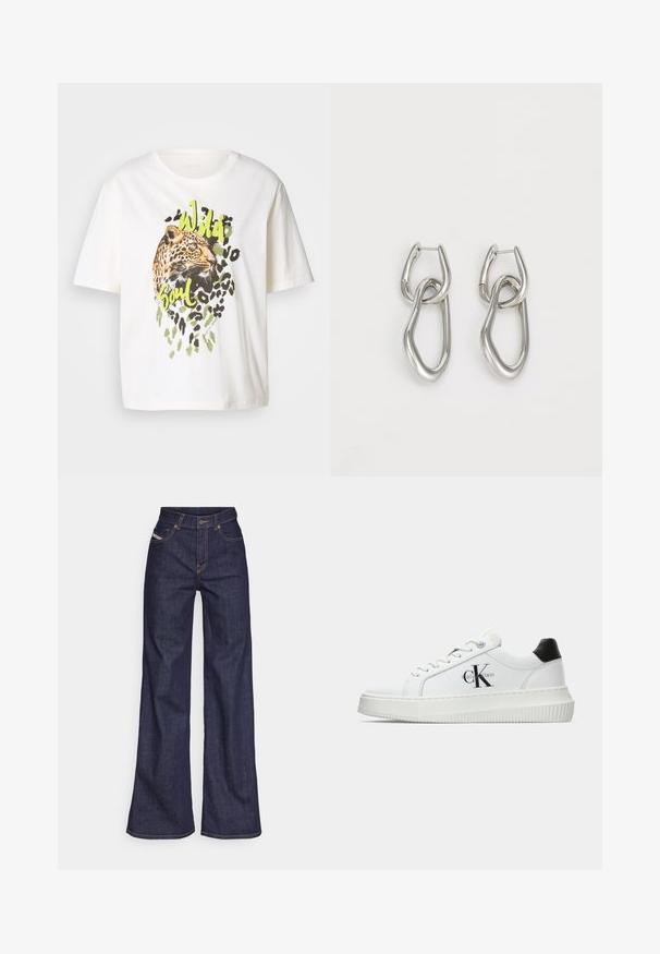 Weißes Baumwoll-T-Shirt mit einem Leopardenmotiv in grünen Akzenten und dem Schriftzug "Wild Soul". Kurze Ärmel, lockere Passform und glatte Textur.; Dunkelblaue weite Jeans aus Denimstoff mit hoher Taille, ausgestattet mit orangefarbenen Nähten, fünf Taschen und einem Knopfverschluss.; Weiße Low-Top-Sneaker mit schwarzem Fersenpatch, Plateau-Sohle, Schnürsenkeln und Calvin Klein "CK"-Logo an der Seite.; Calvin Klein STATEMENT LINKS - Ohrringe - silver-coloured