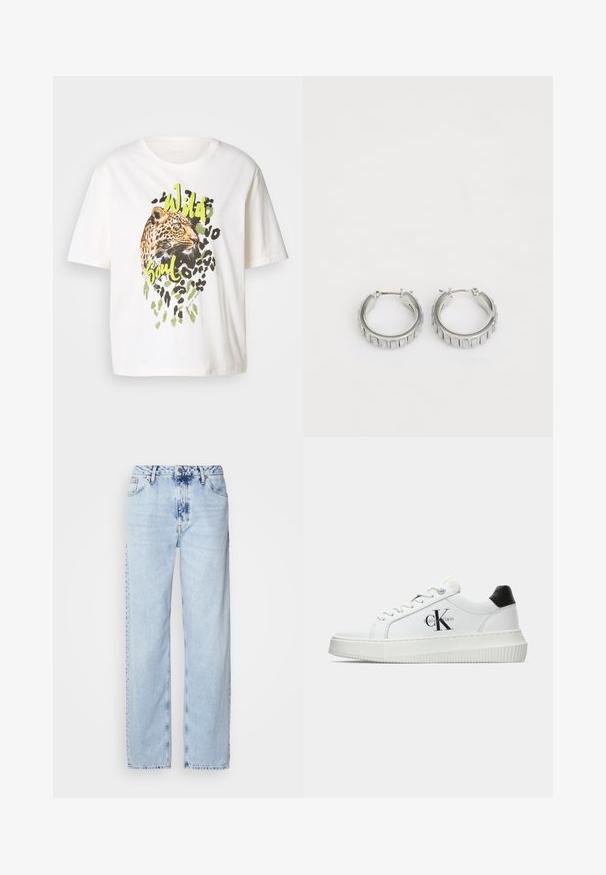 Camiseta de algodón blanca con un gráfico de leopardo y acentos verdes, con las palabras "Alma Salvaje". Mangas cortas, corte relajado y textura suave.; Jeans de pierna ancha en azul claro, confeccionados en denim, con una cintura alta, un lavado desgastado y un sutil patrón de tie-dye en la parte delantera.; Zapatilla baja blanca con talón negro, suela de plataforma, cordones y logotipo "CK" de Calvin Klein en el lado.; Pendientes de aro plateados con un diseño texturizado que presenta estrías verticales. Forma circular con un cierre de seguridad. Acabado suave.