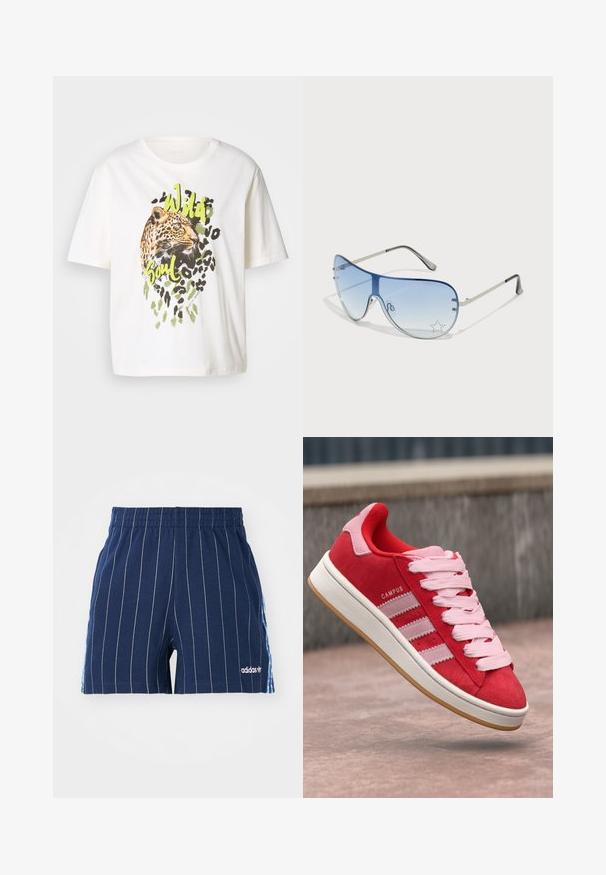 White cotton t-shirt featuring a leopard graphic with green accents and the words "Wild Soul." Short sleeves, relaxed fit, and smooth texture.; Navy blue shorts with white pinstripes, elastic waistband, and Adidas logo. Features blue accents on the sides, made of cotton blend material.; Red suede sneaker with pink accents, featuring three white stripes and light pink laces. White midsole and gum rubber outsole.; Aviator sunglasses featuring a gradient blue lens, silver metal frame, and decorative star accents on the lens. Smooth and sleek design.