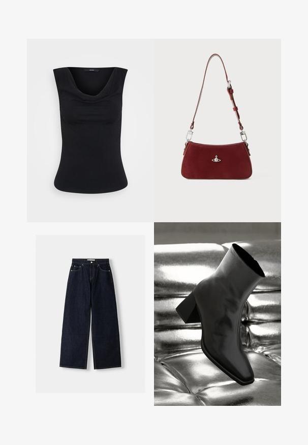 Svart ärmlös topp för kvinnor med breda axelband och draperad halsringning, figurnära midja, visad mot en enfärgad bakgrund.; Mörkblå denim med vida ben och hög midja, fem fickor, kontrastsömmar och silverfärgad metalldetaljer. Slät textur och ren finish.; Svarta ankelboots i glänsande material med fyrkantig tå och avsmalnande klack, placerade mot en glänsande silverfärgad vadderad bakgrund.; Röd mocka axelväska med en böjd form. Har en silverfärgad detalj och justerbar rem med hårdvarudetaljer. Slät textur.