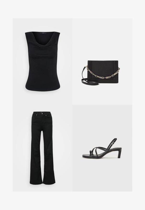 Top de mujer negro sin mangas con tirantes anchos y escote drapeado, cintura entallada, exhibido sobre fondo liso.; Pantalones vaqueros negros acampanados de mezclilla, con cintura alta, cinco bolsillos y cierre de botón metálico. Textura suave con un detalle mínimo.; Sandalia negra de tiras con punta cuadrada y tacón bajo de bloque. Presenta múltiples tiras delgadas y una correa ajustable en el tobillo. Fabricada en cuero suave.; Bolso cruzado de piel negra con textura suave, forma rectangular y un detalle de cadena metálica en el frente. Incluye una correa ajustable.