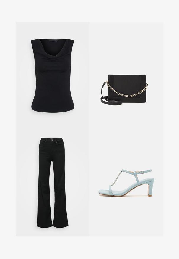Black sleeveless women's top with wide shoulder straps and draped neckline, fitted waist, displayed on plain background.; Black flared jeans made from denim, featuring a high waist, five pockets, and metal button closure. Smooth texture with minimal detailing.; Light blue ankle strap high heel sandal with a square toe design, featuring a metallic accent and a sleek, smooth leather texture.; Black leather crossbody bag featuring a smooth texture, rectangular shape, and a metallic chain detail on the front. Adjustable strap included.