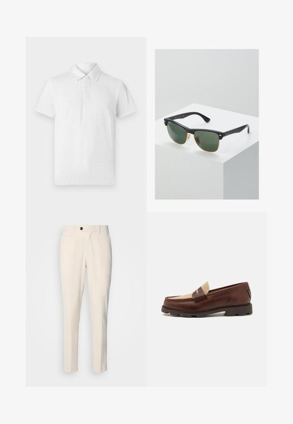 Bela kratka polo majica s kratkimi rokavi z majhnim geometrijskim vzorcem, tremi gumbi na ovratniku in klasičnim krojem. Narejena je iz zračnega materiala.; Beige hlače z ravnim sprednjim delom, zapiranjem na en gumb in dvema poševnima stranskima žepoma. Gladek material s ozkim krojem in zoženim nogavico.; Rjave usnjene loafers čevlje s taupe platnenim dodatkom, šivanim detajlom in teksturiranim gumijastim podplatom, zasnovani za udobje in vzdržljivost.; Sončne naočale Ray-Ban z zelenimi lečami, črnimi plastičnimi okvirji in zlatimi poudarki na robovih. Kvadratna oblika z mat površino.