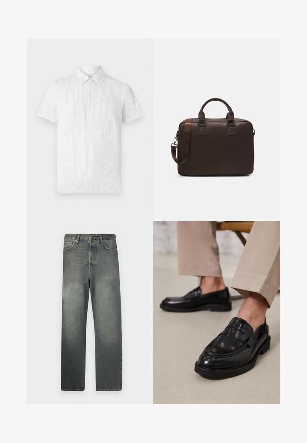 Balta trumpų rankovių polo marškinėliai su mažuoju geometriniu raštu, trimis mygtukais ant apykaklės ir klasikinio kirpimo. Pagaminti iš kvėpuojančios medžiagos.; Jack & Jones JJIALEX JJCOOPER - Platūs džinsai - black denim; Juodi odiniai loaferiai su lygia apdaila, su dekoratyvine juosta ir kontrastinėmis siūlėmis, derinami su bežinėmis kelnėmis.; Ruda odinė nešiojamojo kompiuterio rankinė su tekstūruota paviršiumi, dviem viršutiniais rankenomis, reguliuojama juosta ir dviem priekiniais sagtimis papildomam akcentui.