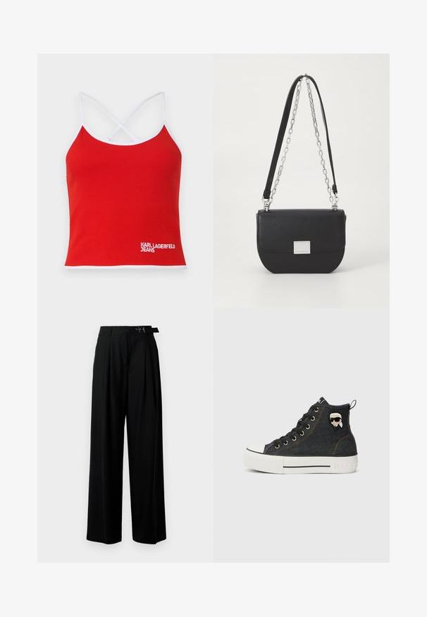 Crvena rebrasta majica bez rukava s bijelim obrubom i trakama u obliku križa, s bijelim izvezenim logotipom "KARL LAGERFELD JEANS" sprijeda.; Crne široke hlače s visokim strukom, nabranima sprijeda i remenom s kopčom. Izrađene od glatkog, laganog materijala.; Visoke tenisice od tamnog denima s zlatnim rupicama. Imaju bijeli zaštitnik za prste, suprotstavljenu bijelu potplat i mali detalj s likom sa strane.; Crna kožna torba za crossbody s okruglim oblikom, srebrna lančana naramenica i pravokutni akcent od hardvera sprijeda. Glatka tekstura.