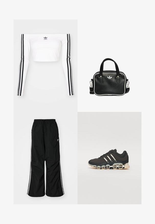 Weißes langärmeliges Off-Shoulder-Crop-Top aus dehnbarem Material. Mit schwarzen drei-Streifen-Akzenten an den Ärmeln und einem kleinen schwarzen Logo auf der Brust.; Schwarze Windbreaker-Hose mit elastischem Bund, Kordelzug, weißen seitlichen Streifen, lockerer Passform und einem kleinen Logo auf der linken Seite.; Schwarzer Sportschuh mit einer strukturierten Oberseite, drei silbernen Streifen und einer markanten Dämpfungssohle mit mehreren integrierten Sektionen.; Schwarze Lederhandtasche mit zwei kurzen Griffen, silbernem Zubehör, weißen Akzenten und einem weißen Logo. Verfügt über eine strukturierte Oberfläche und ein kompaktes Design.