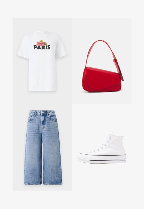 White cotton t-shirt featuring "PARIS" in bold black letters, adorned with red raspberries and green leaves above the text.; Light blue denim culottes with a high waist, wide legs, and front pockets. Features stitching details and a button closure.; White high-top canvas sneaker with black rubber sole, front rubber toe cap, and six eyelets for laces, featuring a clean, minimalist design.; Red leather handbag with an angular, geometric design. Features a single adjustable strap and a flap closure with stitched detailing.