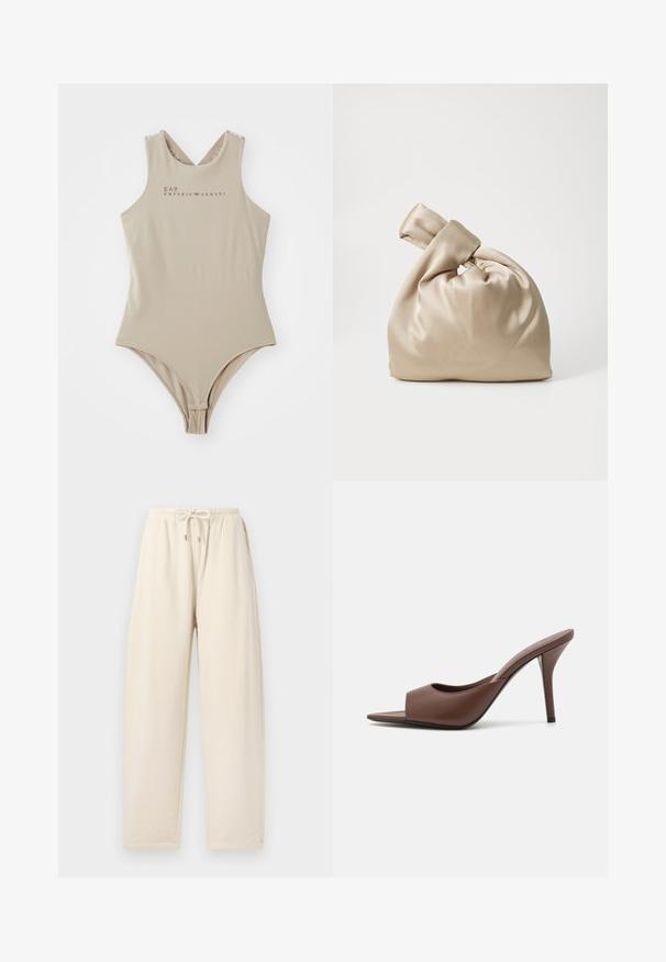 Costum de baie dintr-o singură piesă, bej, cu un guler înalt, design cu spate cruce și logo-ul EA7 Emporio Armani în culoare maronie pe piept. Textură netedă.; Pantaloni de trening de culoare crem, confecționați dintr-un material moale, cu un brâu cu șnur, croială lejeră și buzunare laterale.; Mule-uri din piele maro, cu vârf deschis și toc înalt, cu un design elegant, având o curea frontală lată și un toc subțire de tip stiletto.; Geantă bej din satin cu partea superioară legată, având o textură moale și netedă și o formă rotundă, concepută pentru a fi simplă și elegantă.
