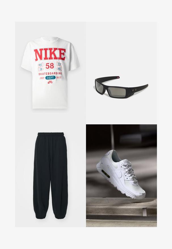 Bela bombažna majica s bold grafičnim besedilom v rdeči in modri barvi: "NIKE 58 UST. 2002 JAHANJE NA DESKI JUST DEPT. NAREDI TO" in podrobnostmi logotipa.; Črne, elastične hlače za prosti čas z ohlapnim krojem, manšetami na gležnjih, gladko teksturo in brez vidnih vzorcev ali dodatkov.; Bela Nike Air Max 90 športna obutev z mrežastim in usnjenim zgornjim delom, perforiranim prstnim delom in vidno zračno enoto v peti.; Crne sončne naočale s mat površinom, pravokutne leće, blagi luk na sljepilima, diskretna oznaka i leće sa dimnim nijansama.