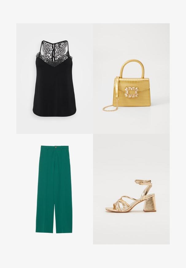 Zwarte mouwloze top met een kanten achterkant met bloemenpatronen en een V-hals ontwerp. Gladde textuur met een losse pasvorm.; Groene wijde broek van een soepele stof, met twee voorzakken, een knoopsluiting en een strakke, op maat gemaakte uitstraling.; Gouden metallic gestileerde sandaaltjes met hoge hakken, voorzien van een straps ontwerp, vierkante blokhak en een verstelbare enkelband met een gesp. Gladde textuur.; Geel faux-krokodillenhandtas met een gestructureerd ontwerp, bovenhandvat, afneembare kettingriem en decoratieve kristallen versiering op de sluiting.; Gouden metalen oorbel met een slank, gebogen ontwerp. Beschikt over een kenmerkende puntige vorm, gepolijste oppervlakte en scharnier sluiting.