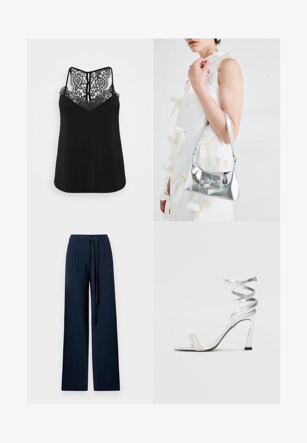 Black sleeveless top featuring a lace back with floral patterns and a V-neck design. Smooth texture with a relaxed fit.; Navy wide-leg pants made of lightweight fabric, featuring a high waist, front pleats, and a matching fabric belt for adjustment.; Silver high-heeled sandal with a shiny strap design, featuring a pearl-like accent and a spiraled ankle strap for secure fit.; Silver metallic handbag with a structured shape, featuring a top handle and bow detail on the front. Smooth texture, reflective finish.