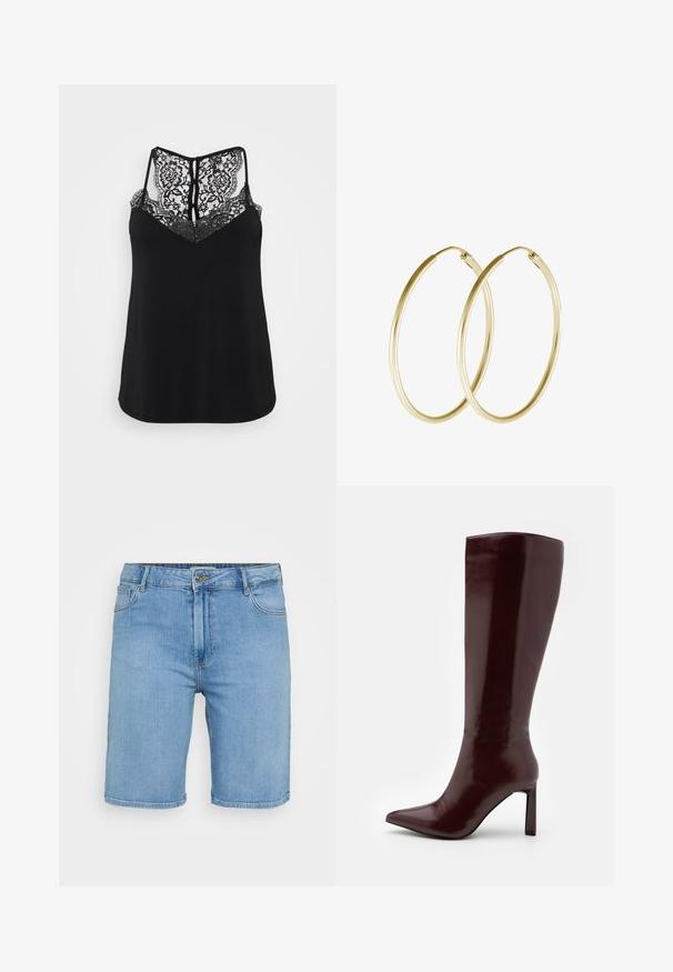 Black sleeveless top featuring a lace back with floral patterns and a V-neck design. Smooth texture with a relaxed fit.; Light blue denim shorts with a classic cut, featuring a front button closure, belt loops, and two side pockets. Smooth texture and straight hem.; Even&Odd Boots - dark red; Gold hoop earrings featuring a smooth, rounded design with a shiny finish. Lightweight construction with a secure clasp closure.