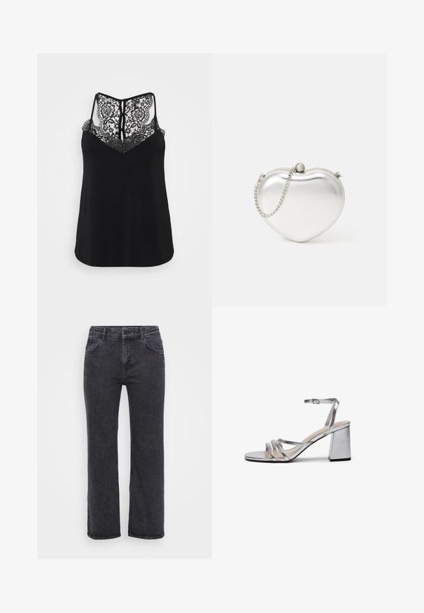 Mustat hihattomat yläosat, joissa on pitsinen takakappale kukkakuoseilla ja V-pääntie. Sileä rakenne ja rento istuvuus.; Mustat farkut suoranlahkeisella muotoilulla, viidellä taskulla ja napilla suljettuna. Kangas on hieman haalistunut ja siinä on tukevat ompeleet.; Hopeasävyiset metalliset korkokengät, joissa on paksu korko, ohut nilkkaremmi ja useita leveitä remmejä jalkapöydän yli. Suuri sileä pinta.; Sydänmuotoinen metallinhohtoinen hopeinen clutch-laukku, jossa on sileä pinta, solkikiinnitys ja hopeaketjuhihna.