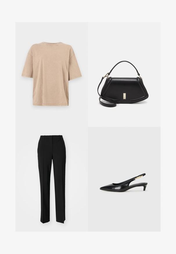 Beżowy, bawełniany, oversize T-shirt z krótkimi rękawami, okrągłym dekoltem i subtelną fakturą. Prosty dół bez widocznych wzorów ani ozdób.; Czarne spodnie o dopasowanym kroju z prostymi nogawkami, o gładkiej fakturze i wyraźnych zagięciach z przodu. Bez widocznych elementów metalowych.; Czarne skórzane szpilki typu slingback z ostrym noskiem, posiadające smukły obcas i złoty akcent na regulowanym pasku. Gładka tekstura.; Czarna skórzana torebka o strukturalnym designie, z przyciętą formą, górnym uchwytem i złotymi akcentami. W zestawie regulowany pasek na ramię.