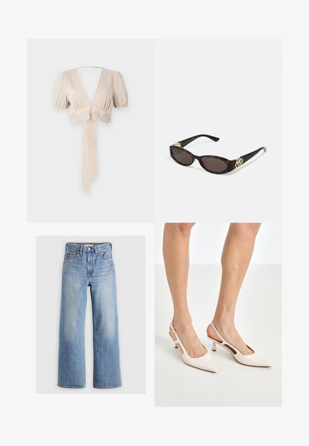 Bež katkootp ja puff-varrukatega, sügava V-kujuga kaelus ja dekoratiivne aukudega äär. Varustatud sidumisega kangast vöödiga. Sile tekstuur.; Hofmann Copenhagen EXCLUSIVE GENEVIVE - Topp - off white; Heledad sinine teksariidest laiad püksid, kõrge vöökoht, pleekinud alad, viis taskut ja kontrastne õmblus. Klassikaline nööp ja tõmblukk.; Beesek patentnaha slingback kontsad 5 cm kontsaga, millel on terav nina ja lõigatud külgedega ning õhuke pahkluu rihm.; Kilpkonnakilbi stiilis prillid piklik-ovaalsete läätsede, pruunika tooniga, kuldsete logo aktsentidega templitel ja elegantsed mustad varred.; Valge lilleline käekott, millel on volditud kangapind, kuldne ahelakott ja metallist klamber. Omab tekstureeritud kroonlehti, mis lisab detailidele sügavust.