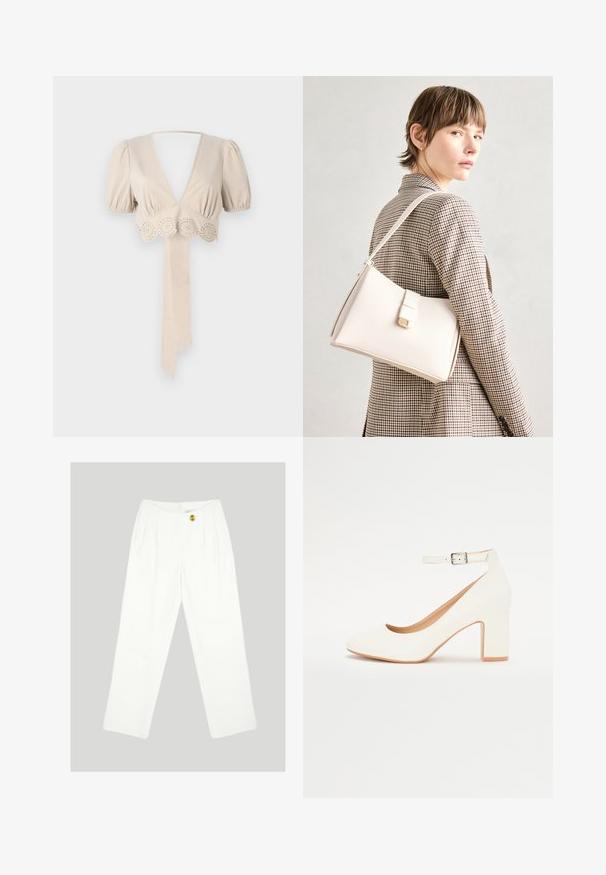 Beidzies beigu tops ar pūkainām piedurknēm, dziļu V formas kakla izgriezumu un dekoratīvām acs apmalēm apmales malā. Iespējama sasietama auduma josta. Gluda tekstūra.; Baltas, platajām kājām bikses, izgatavotas no gludas auduma. Aprīkotas ar vienu dzeltenu pogu un plektu priekšpusi. Redzami kabatas nav.; Baltā augstpapēžu kurpe ar mēreni asu purngalu, kvadrātveida papēdi un potītes siksniņu. Gluda virsma ar smalku spīdumu un bēšu iekšējo oderi.; Balta ādas rokassoma ar strukturētu dizainu, kurai ir magnētiska aizdare un plecu josta, parādīta uz neitrāla fona.