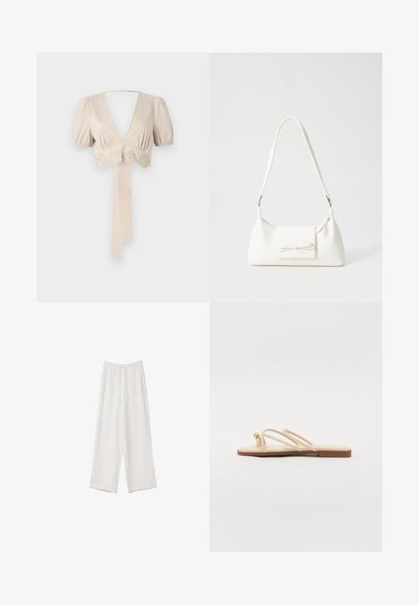 Beige lyhyempi toppi puff-hihalla, syvällä V-päällä ja koristeellisella reikäreunuksella helmassa. Varustettu sidottavalla kangassolmulla. Silkkinen tekstuuri.; Valkoiset leveälahkeiset housut kevyestä kankaasta. Ominaisuuksiin kuuluu elastinen vyötärö, jossa on nauhakuuluma ja sivutaskut. Sileä rakenne.; Beige litte sandaalit, joissa on kolme ohutta remmiä ja pieni pyöreä kultainen yksityiskohta. Sileä materiaali minimalistisella muotoilulla ja ruskea pohja.; Valkoinen synteettinen käsilaukku, jossa on kolmikulmainen muoto, tasainen etu läppä ja nauhadetail, säädettävä olkahihna, sileä rakenne ja minimalinen muotoilu.
