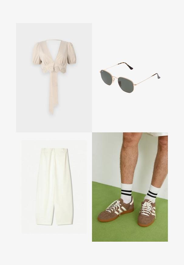 Beige lyhyempi toppi puff-hihalla, syvällä V-päällä ja koristeellisella reikäreunuksella helmassa. Varustettu sidottavalla kangassolmulla. Silkkinen tekstuuri.; Kapeet, jotka ovat leveät ja valmistettu pehmeästä kermanvärisestä kankaasta, jossa on sileä pinta, etutaskut ja rento malli, keskiampuilla.; Ruske nahkate sneakerit valkoisilla korostuksilla ja nauhoilla. Kumi-gumipohja. Yhdistetty valkoisiin sukkiin, joissa on mustia raitoja. Vihreä teksturoitu lattia.; Kultaa metallikehyksiset aurinkolasit tummanvihreillä linsseillä, pilottilaatuinen tyyli, jossa on kapeat varret ja kilpikonnakuosiset korostukset päissä.