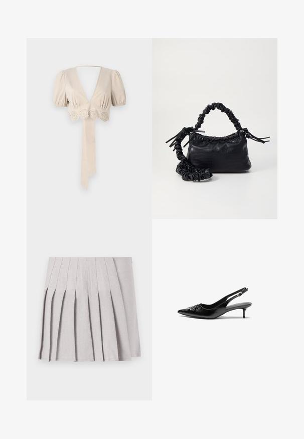 Beige kurzes Oberteil mit Puffärmeln, tiefem V-Ausschnitt und dekorativer Lochmuster-Borte am Saum. Verfügt über ein gebundenes Stoffband. Glatte Textur.; Grauer plissierter Rock mit glatter Textur, der mehrere vertikale Falten und eine taillierte Taille aufweist. Hergestellt aus leichtem Stoff.; Schwarze Leder-Slingback-Absätze mit einer spitzen Zehenform, kleinen Kitten-Absätzen und einem dekorativen Knoten-Detail auf der Vorderseite. Glatte Textur über die gesamte Fläche.; Schwarze Handtasche aus Kunstleder mit Krokodilstruktur, gerafftem oberen Teil und einem geschoppten Tragegurt. Sie wirkt weich und kompakt im Design.